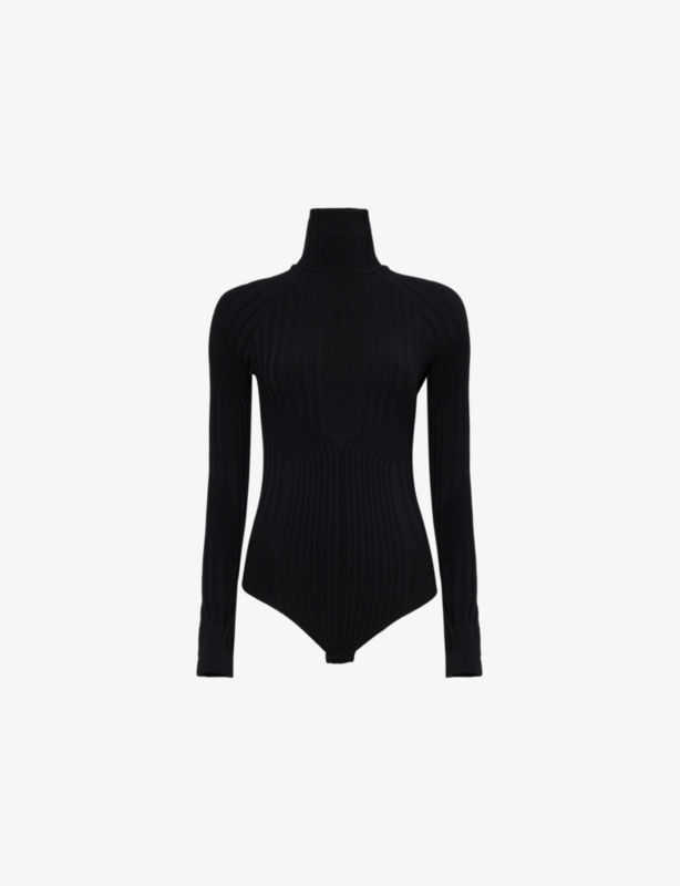 Seamless high-neck long-sleeves stretch-wool blend body