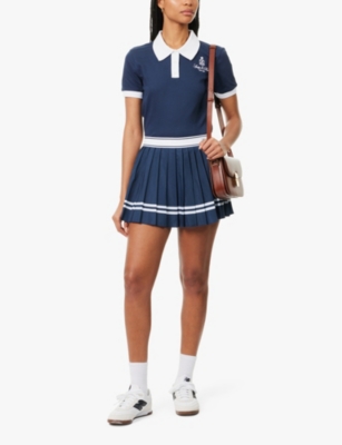 SPORTY AND RICH WOMENS VENDOME SCRIPT PLEATED STRETCH-WOVEN MINI SKIRT NAVY 