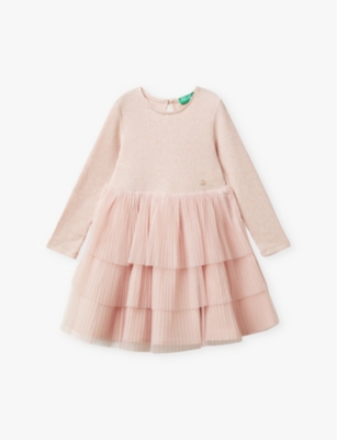 Benetton Kids' Powder Long-sleeve Tulle-skirt Woven Mini Dress 18 Months - 6 Y