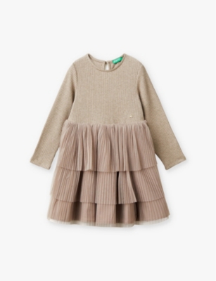 Benetton Kids' Taupe Long-sleeve Tulle-skirt Woven Mini Dress 18 Months - 6 Y