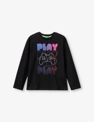 Shop Benetton Graphic-print Long-sleeve Cotton-blend T-shirt In Black