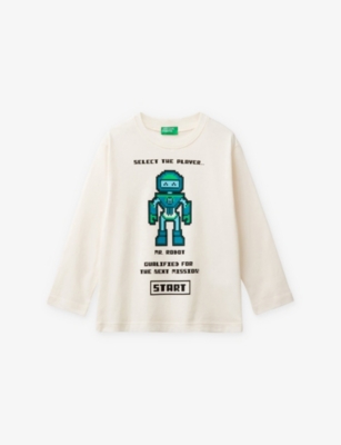 Shop Benetton Graphic-print Long-sleeve Organic-cotton T-shirt 18 Months - 6 Y In White Cream