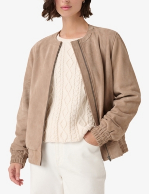 THE WHITE COMPANY: Round-Neck Suede Bomber Jacket