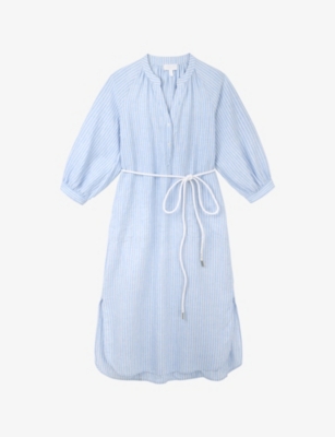 The White Company S White/blue Belted-waist Stripe-print Linen Shirt Midi Dress In Blue