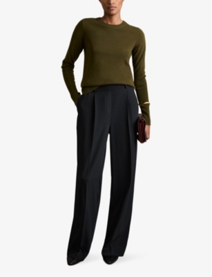 Reiss Navy Eden Petite Elasticated-waist Wide-leg Twill Trousers In Navy
