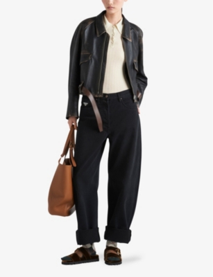 PRADA WOMENS BLACK BRAND-PLAQUE BARREL-LEG LOW-RISE JEANS 