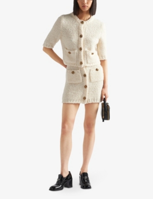 PRADA: Button-embellished bouclé-textured wool-blend cardigan