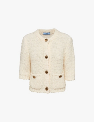 PRADA: Button-embellished bouclé-textured wool-blend cardigan