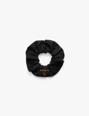 Prada Gathered Black Scrunchie With Triangular Logo Patch In Black