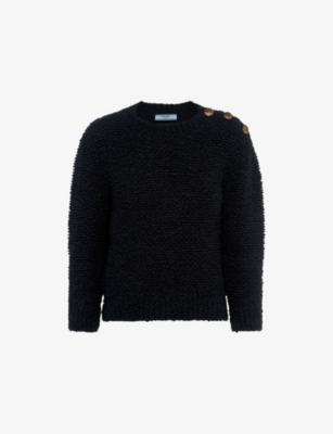 Prada Wool Boucle Knit Sweater With Shoulder Buttons In Black