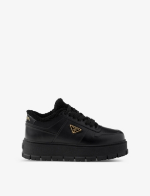 Prada Womens Black Brand-plaque Shearling-lined Leather Mid-top Trainers