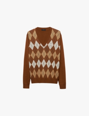 Shop Prada Mens Brown Argyle-pattern Brand-embroidered Wool Jumper