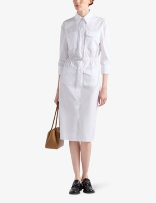 Prada Button Down Belted Poplin Midi Shirt Dress In White