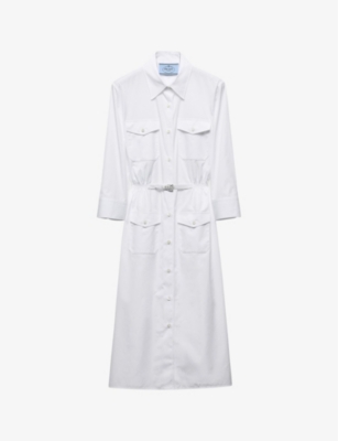 Prada Button Down Belted Poplin Midi Shirt Dress In White