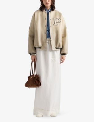 PRADA: Logo-embroidered mid-rise linen maxi skirt