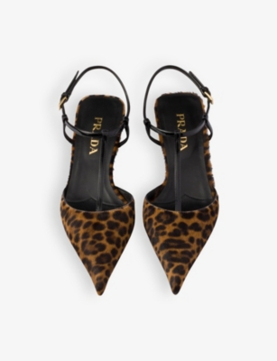 PRADA: Logo-plaque leopard leather heeled courts
