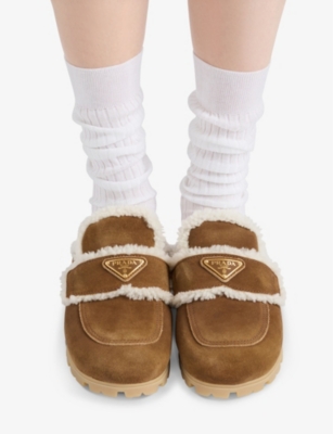 PRADA WOMENS BROWN LUGGED-SOLE TRIANGLE-PLAQUE SUEDE AND SHEARLING SLIPPERS EUR 36.5 / 3.5 UK 