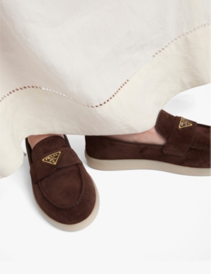 Shop Prada Womens Brown Logo-embellished Suede Loafers Eur 39.5 / 6.5 Uk