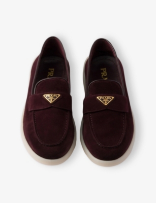Prada Womens Burgundy Logo-embellished Suede Loafers Eur 36 / 3 Uk In Burgundy