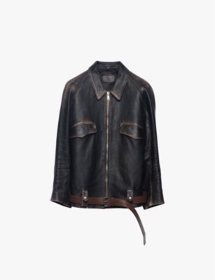 PRADA: Vintage-finish triangle-patch leather blouson jacket