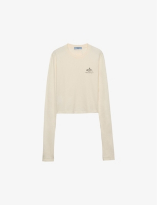 Shop Prada Womens Neutral Logo-print Long-sleeve Cotton T-shirt