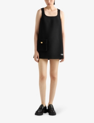 Prada Womens Black Flap-pocket Square-neck Wool Mini Dress In Black