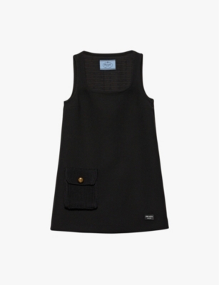 Prada Womens Black Flap-pocket Square-neck Wool Mini Dress In Black