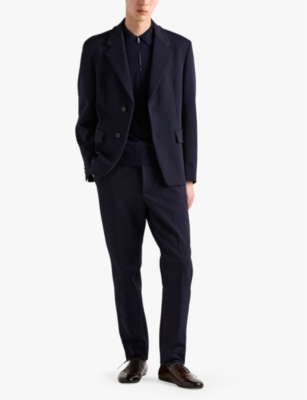 PRADA MENS BLUE LOGO-EMBROIDERED LONG-SLEEVE WOOL POLO SHIRT 