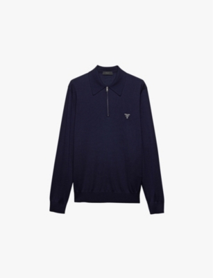 PRADA: Logo-embroidered long-sleeve wool polo shirt
