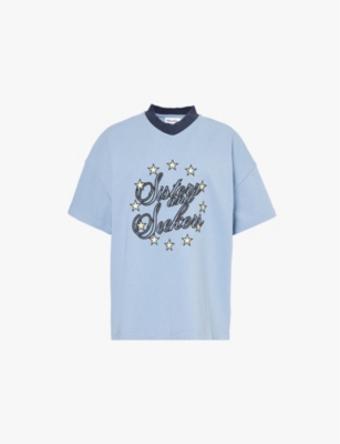 Sisters & Seekers Womens Blue Eurostar Oversized Brand-print Cotton-jersey T-shirt