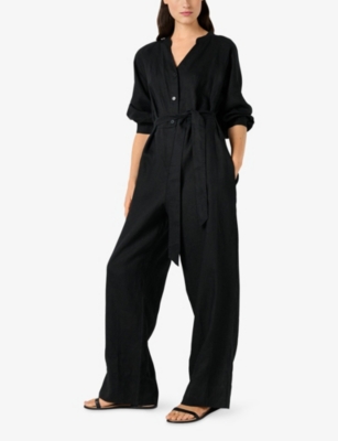 The White Company S Black V-neck Button-down Linen Jumpsuit In Black