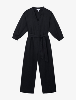 The White Company S Black V-neck Button-down Linen Jumpsuit In Black