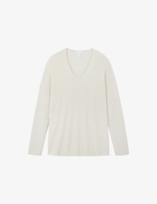 The White Company S Soft White Voop-neck Relaxed-fit Linen-blend Jumper Xs In White