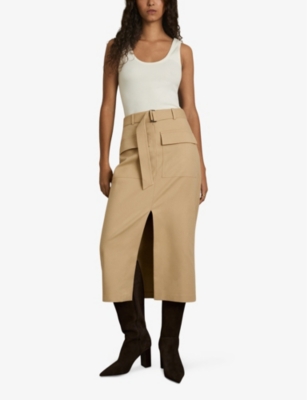 Reiss Womens Oakley Flap-pocket Woven Midi Skirt Camel In Camel
