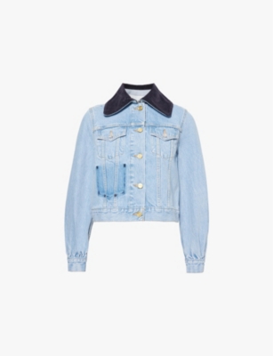 GANNI: Rigid corduroy-collar regular-fit organic-denim jacket