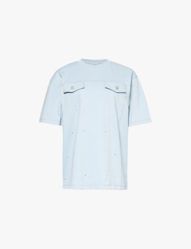 Rhinestone pockets cotton jersey T-shirt