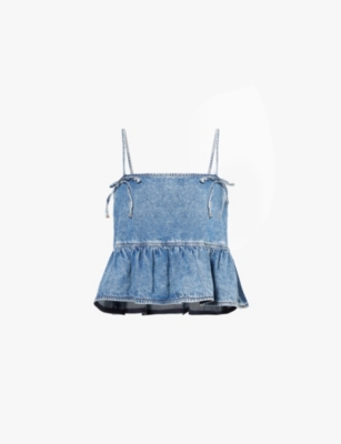 Ganni Womens  Cropped Ruffled Organic-denim Blend Top In Mid Blue Stone