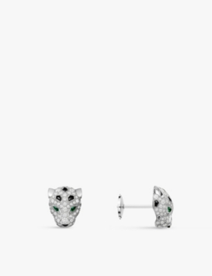 CARTIER: Panthère de Cartier 18ct white-gold, 0.61ct brilliant-cut diamond, emerald and onyx stud earrings