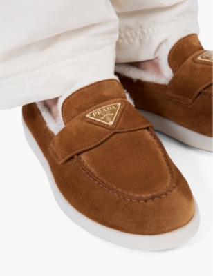 Shop Prada Womens Brown Triangle-plaque Suede And Shearling Loafers Eur 41 / 8 Uk