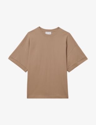 Reiss Womens  X 100 Ciels Spencer Round-neck Oversized Cotton-jersey T-shirt In Camel