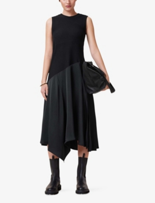 Shop Allsaints Womens Black Pia Asymmetric Satin Cotton-jersey Midi Dress