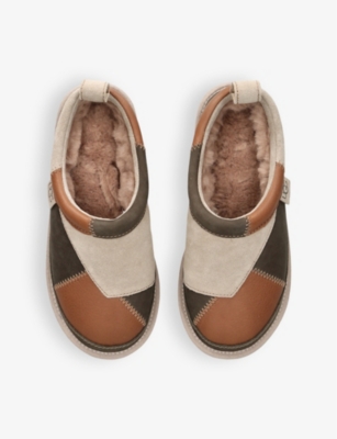 UGG WOMENS DK.BRN COM PATCHWORK TASMAN SHEARLING-LINED SUEDE SLIPPERS EUR 37 / 4 UK 