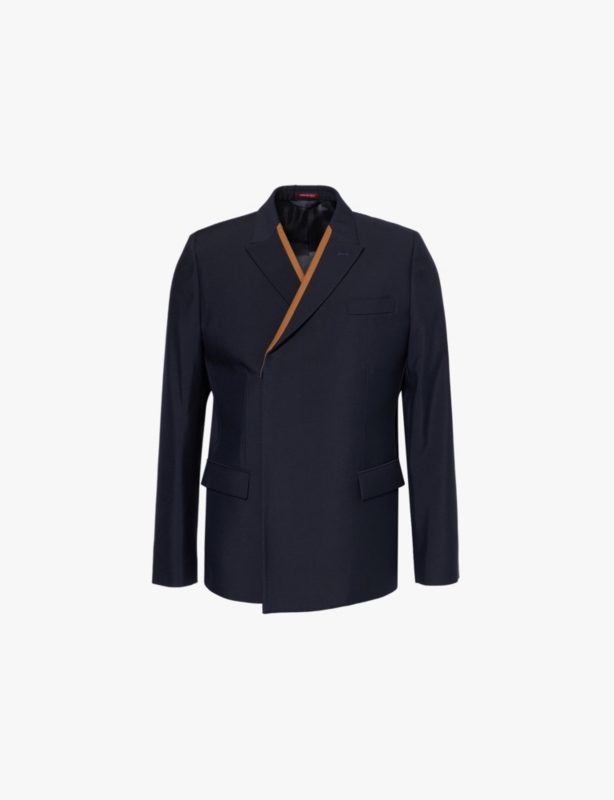 Contrast-lapel double-breasted wool blazer