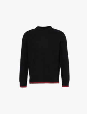 Gucci Black Crewneck Sweater With Web Detail In Ribbed Wool Blend Man In Black Green Red