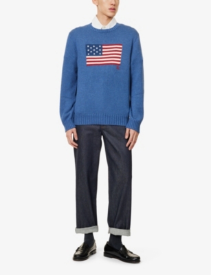 POLO RALPH LAUREN MENS SEA SALT BLUE HTHR FLAG-EMBROIDERED CREW-NECK COTTON JUMPER 