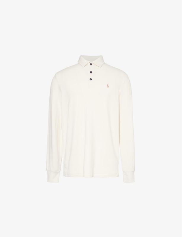 Brand-embroidery long-sleeves relaxed-fit cotton-blend polo shirt