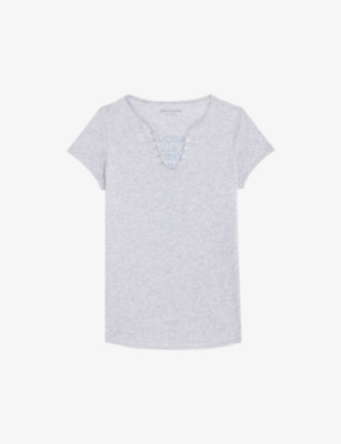 Shop Zadig & Voltaire Womens Zadig&voltaire Photoprint Henley Organic-cotton Jersey T-shirt In Gris Moyen