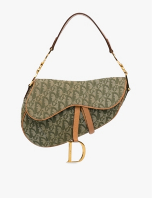 Shop Reselfridges Womens Pre-loved Dior Oblique Saddle Canvas Shoulder Bag Green