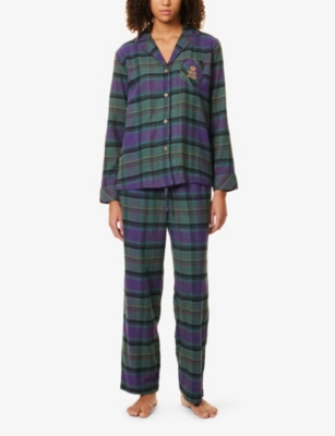 RALPH LAUREN WOMENS GREEN PLAID CHECK BRUSHED-TWILL LONG-SLEEVE COTTON-BLEND PYJAMA SET 