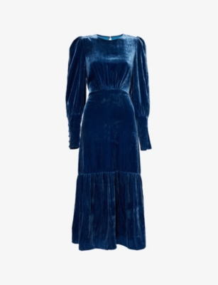 ASPIGA WOMENS BLUE ESMEE PADDED-SHOULDERS WOVEN-BLEND MIDI DRESS